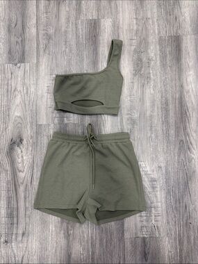Fashion Nova Olive Green One-Shoulder Waffle Knit Lounge Set
